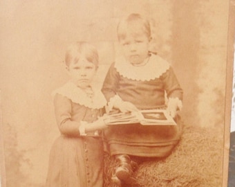 Antique Sepia Picture of Victorian Children, Cabinet Card Photo of Madden Sisters, Old Cabinet Picture, Bearded Man Appears on the Back