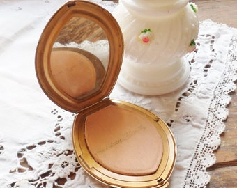 American Beauty by Elgin Compact, Elongated Flapper Style Compact with Etched Floral Lid, Brushed Brass Vintage Compact