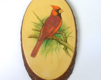 Red Cardinal Slice of Wood Wall Plaque, Vintage Decoupage Souvenir Great Smoky Mountains, Wild Bird Wood Art, 70s