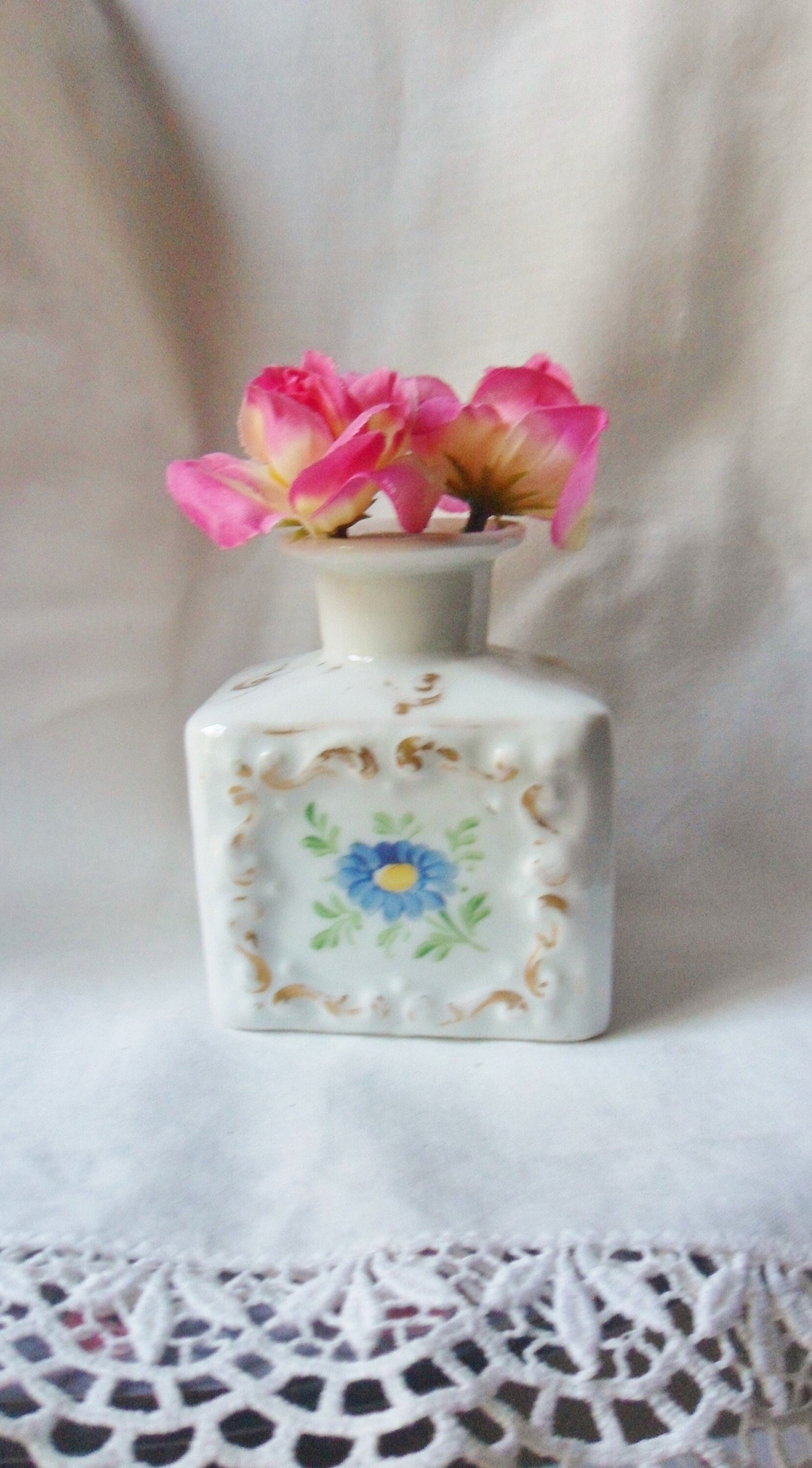 Victorian Perfume Bottle With Hand Painted Flowers, Vintage