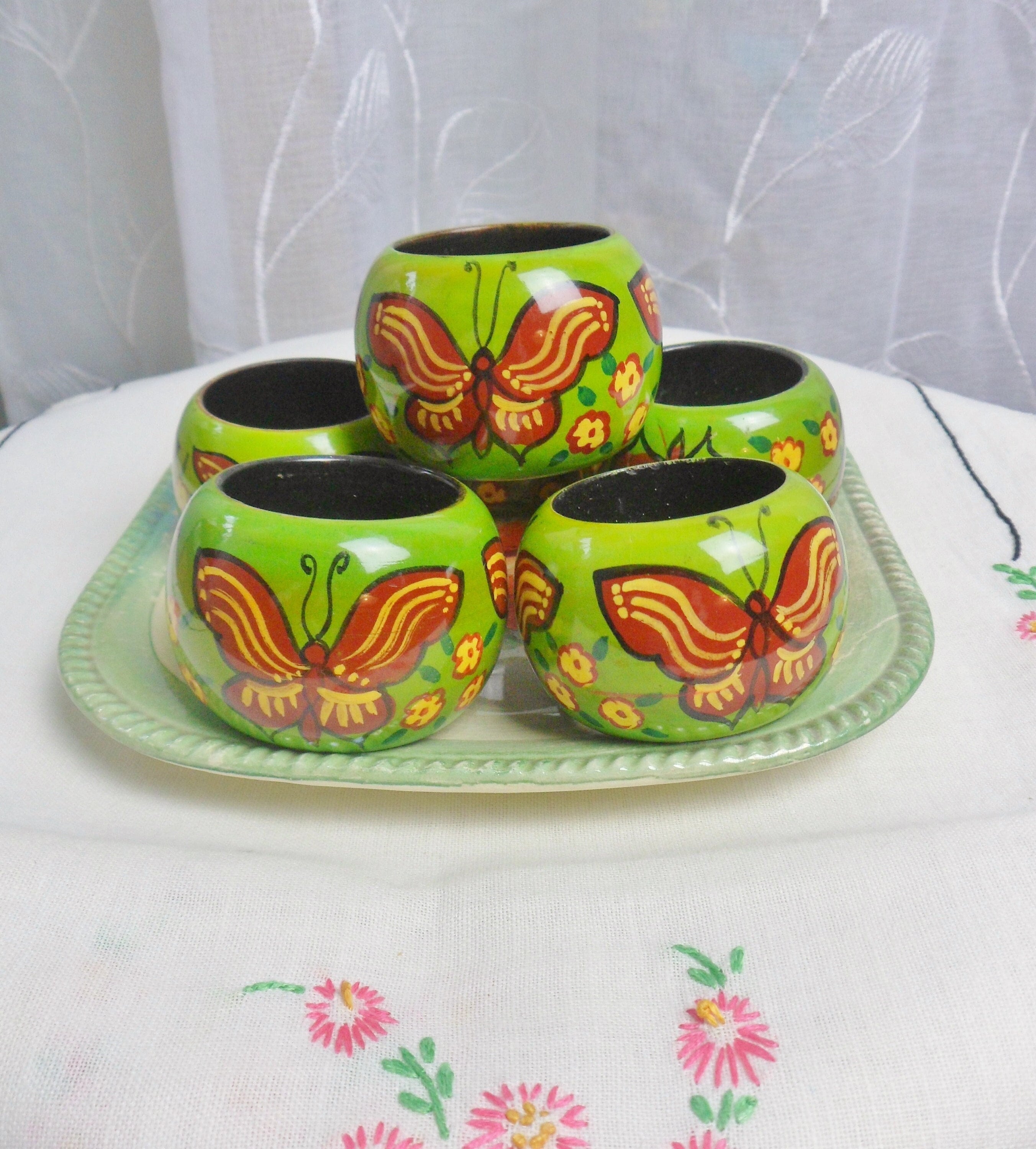 Six Butterfly Napkin Rings Hand Painted Green Melmac Napkin Rings 60s Vintage Boho Hippie Table Decor