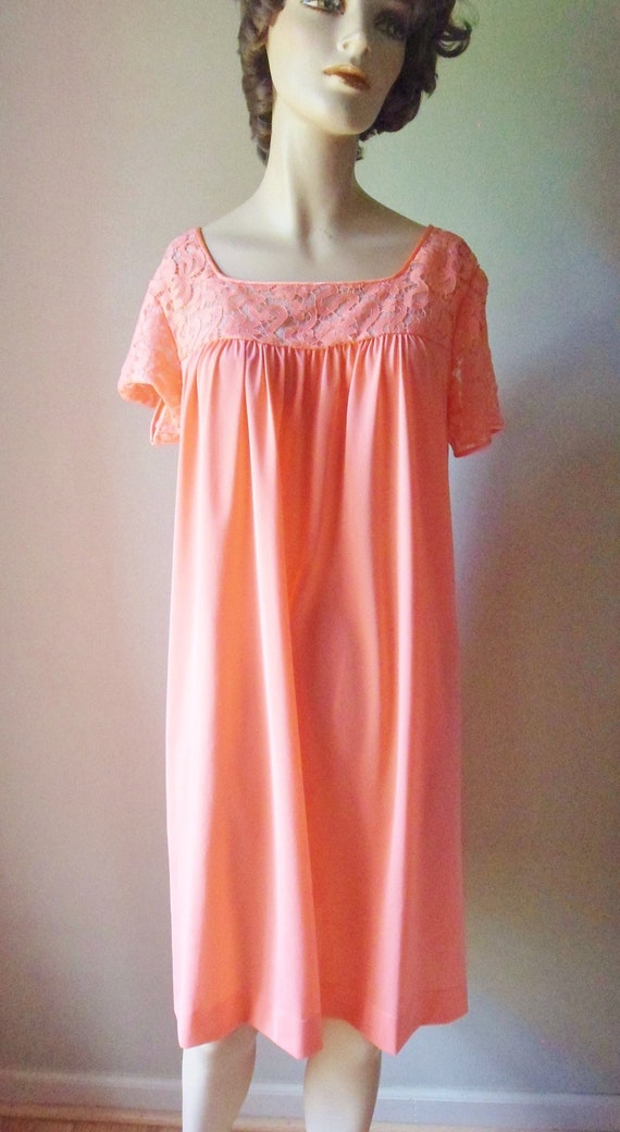Orange Vanity Fair Negligee Vintage Mid Length Nylon Short Sleeve Nightgown Size 36 Lace Yoke and Sleeves Etsy UK