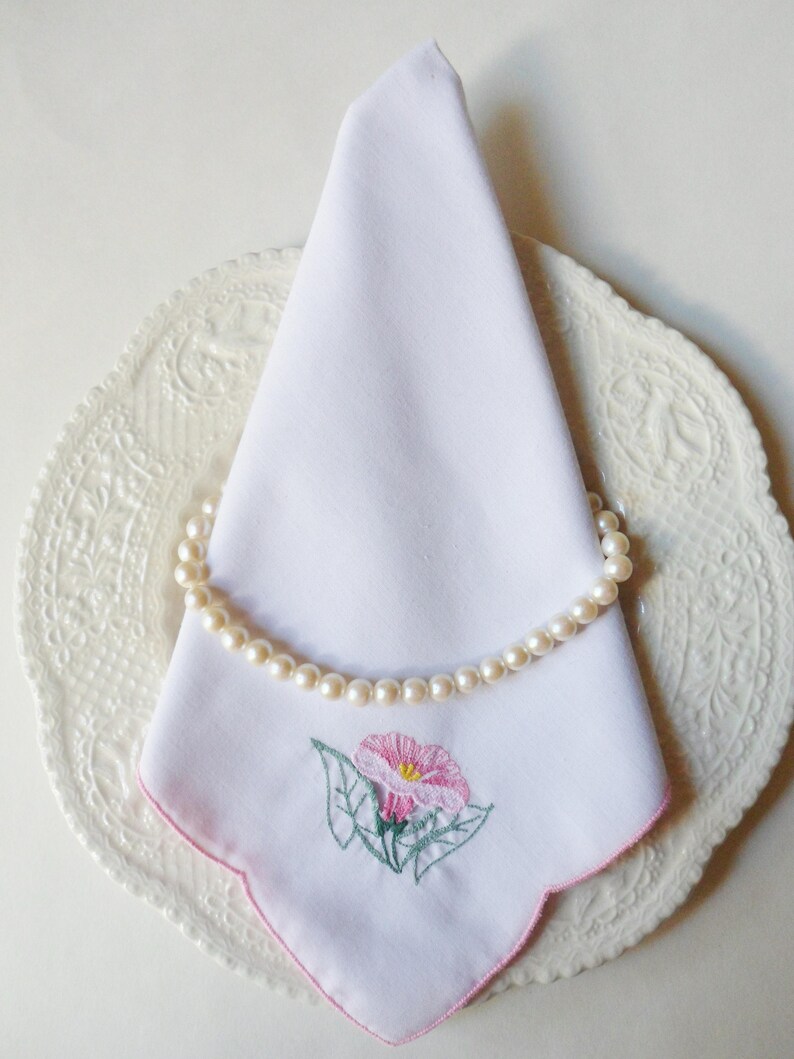 White Cotton Dinner Napkins with Embroidered Morning Glory Flowers Four Pink Morning Glory Napkins