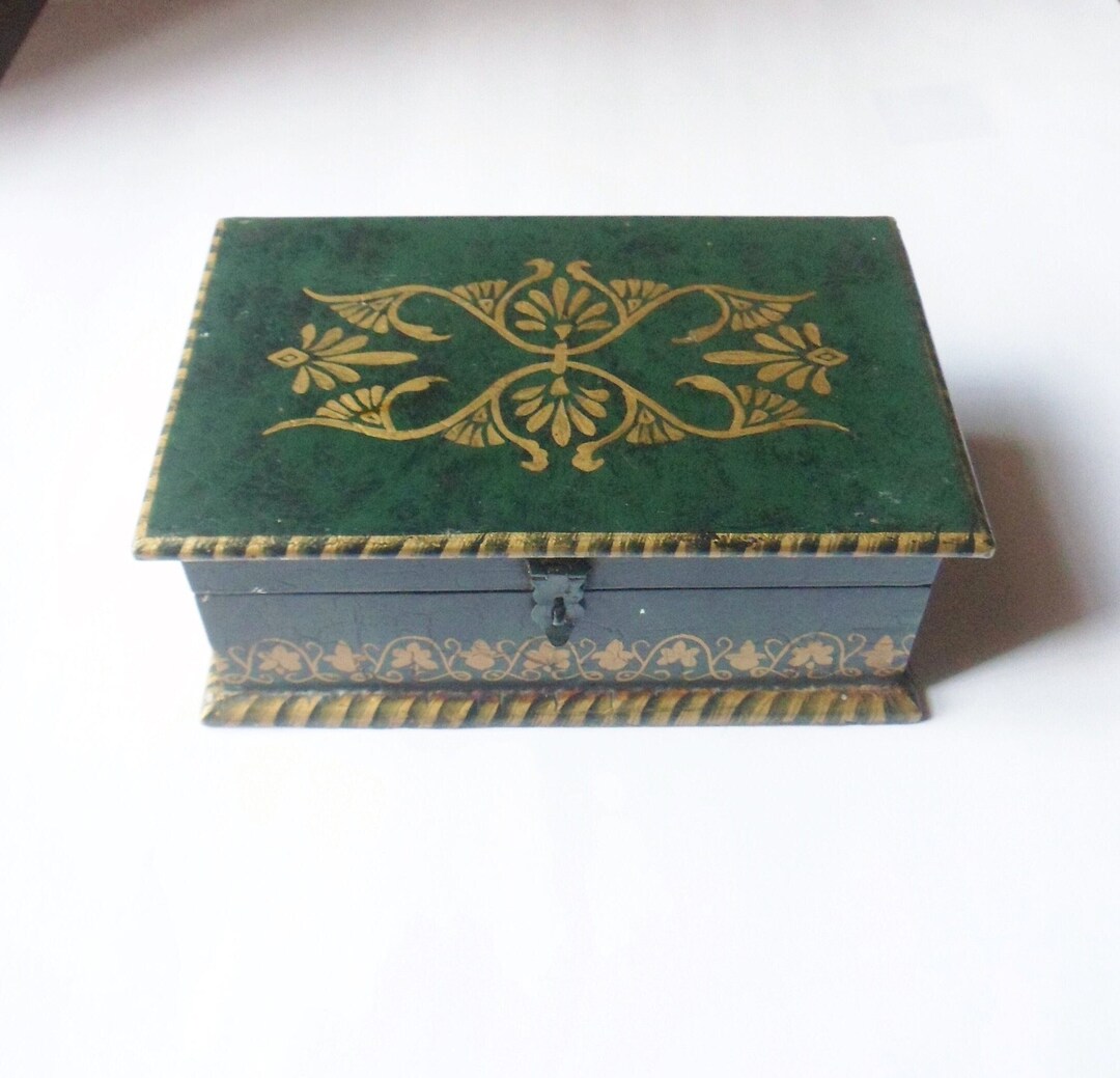 Foreside Box Wooden Foreside Box, Green and Gold Hand Painted Box From India ...