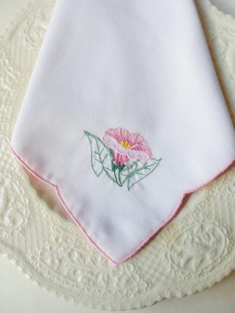 White Cotton Dinner Napkins with Embroidered Morning Glory Flowers Four Pink Morning Glory Napkins