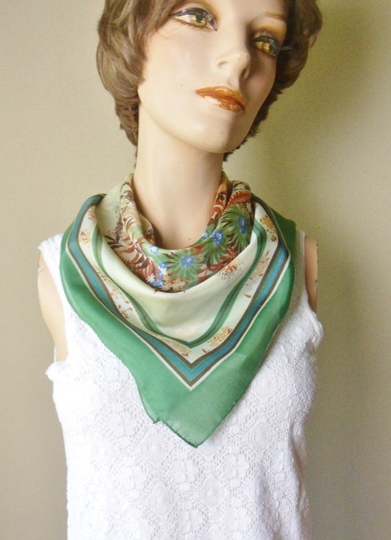 Floral Scarf from Italy, Vintage Green Earthy Pol… - image 1