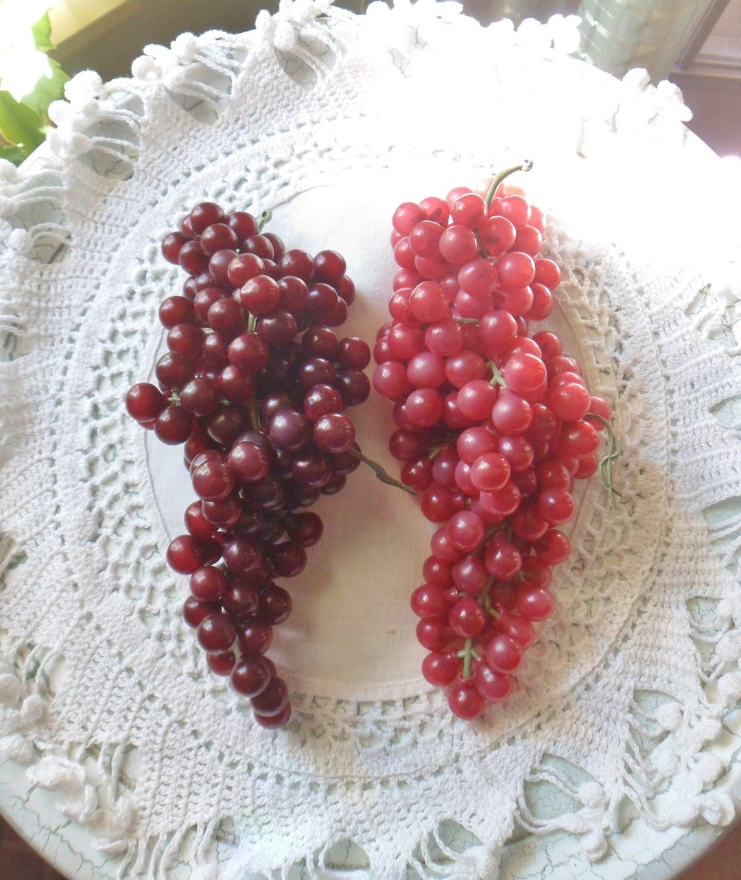Two Bunches of Rubber Grapes, Clusters of Small Red and Purple Faux