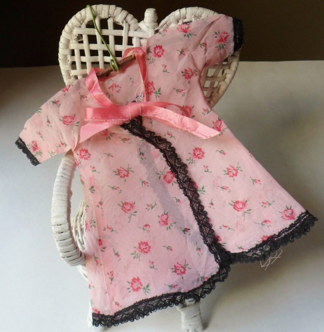 Handmade Doll Robe, Pink Nylon Robe With Black Heart Lace, Vintage Doll