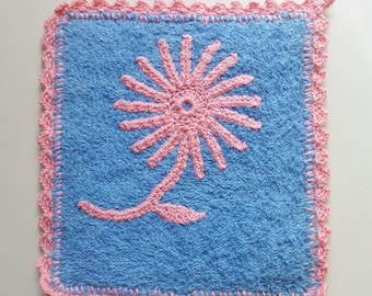 CLEARANCE Blue Pot Holder with Pink Crocheted Trim and Flower, Vintage Pot Holder