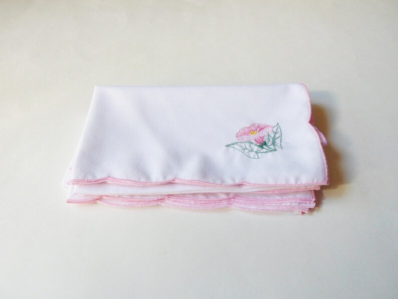 White Cotton Dinner Napkins with Embroidered Morning Glory Flowers Four Pink Morning Glory Napkins