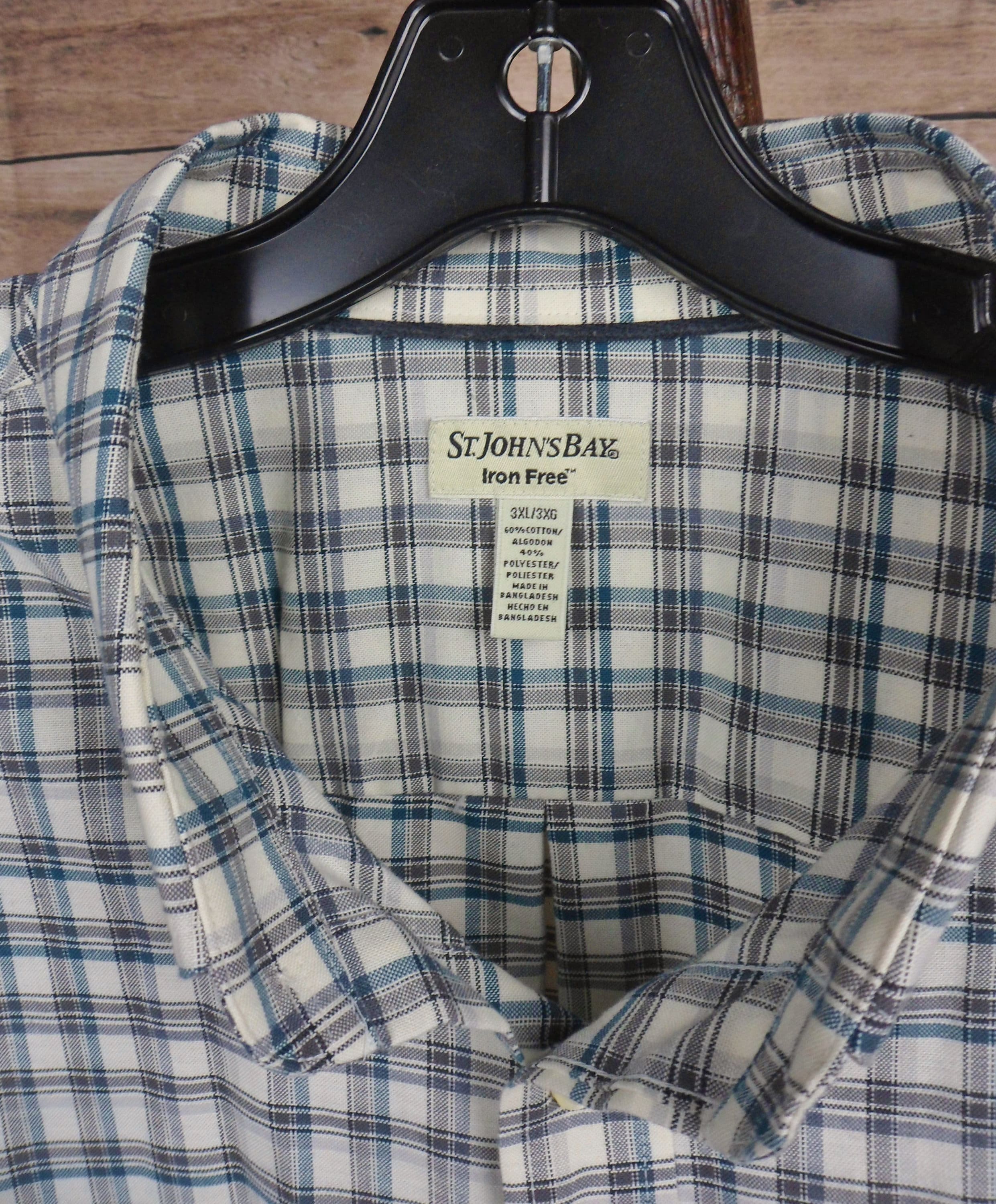 St Johns Bay Beige Green Plaid Button Down Shirt, Mens Long