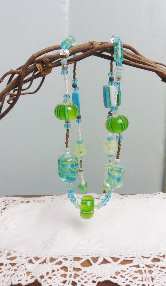 Lampwork and Sandwich Bead Necklace, Long Green an