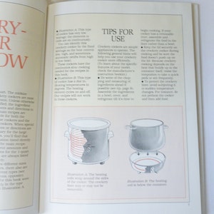 May include: Two illustrations of slow cookers. The first illustration shows a slow cooker with a heating coil that wraps around the sides of the cooker. The second illustration shows a slow cooker with a heating coil that is below the container. The text in the image reads "Tips for Use".