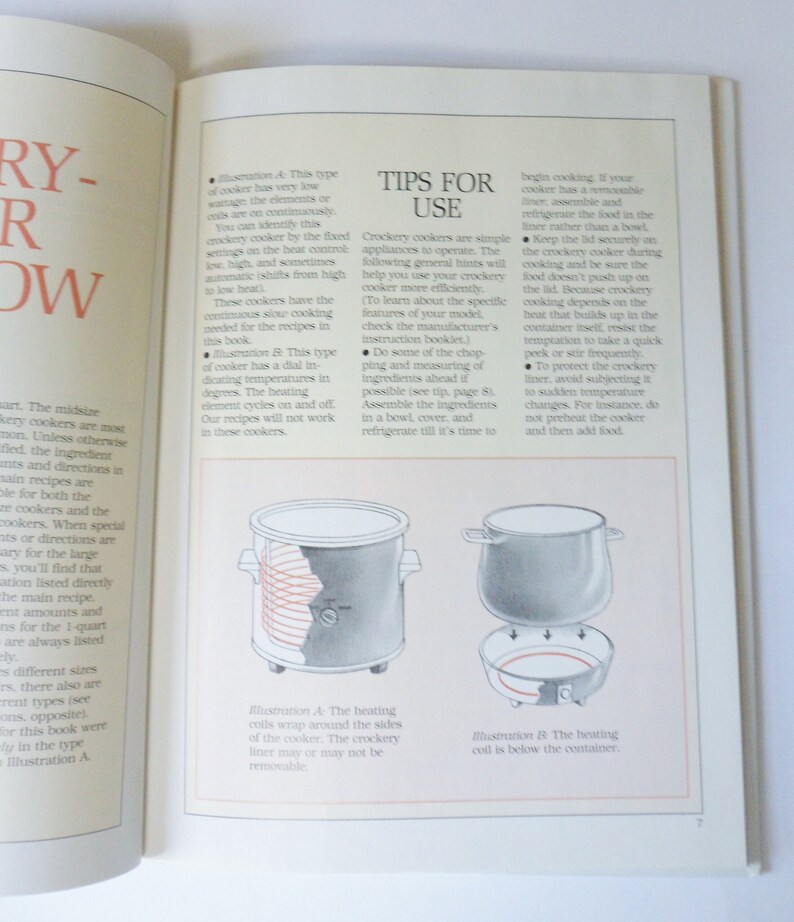 May include: Two illustrations of slow cookers. The first illustration shows a slow cooker with a heating coil that wraps around the sides of the cooker. The second illustration shows a slow cooker with a heating coil that is below the container. The text in the image reads "Tips for Use".