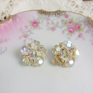 Keyes Aurora Borealis Clear Glass Cluster Bead Earrings, Vintage Keyes Clip-on Bead Earrings image 3