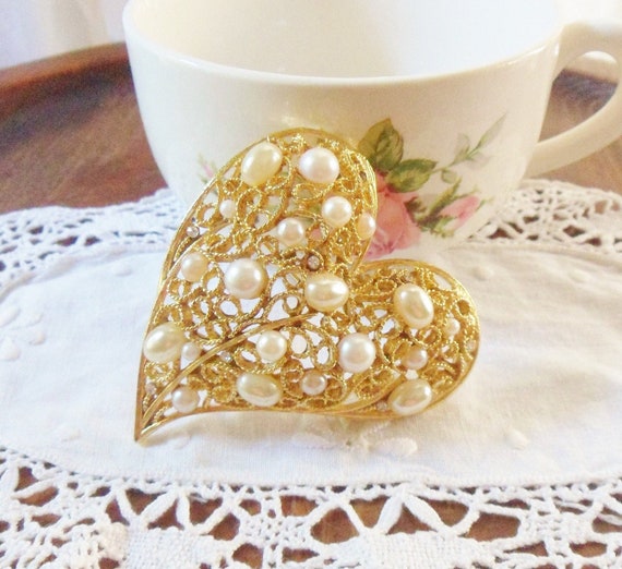 Large Pearl Heart Pin, Gold Heart with Pearls and… - image 1