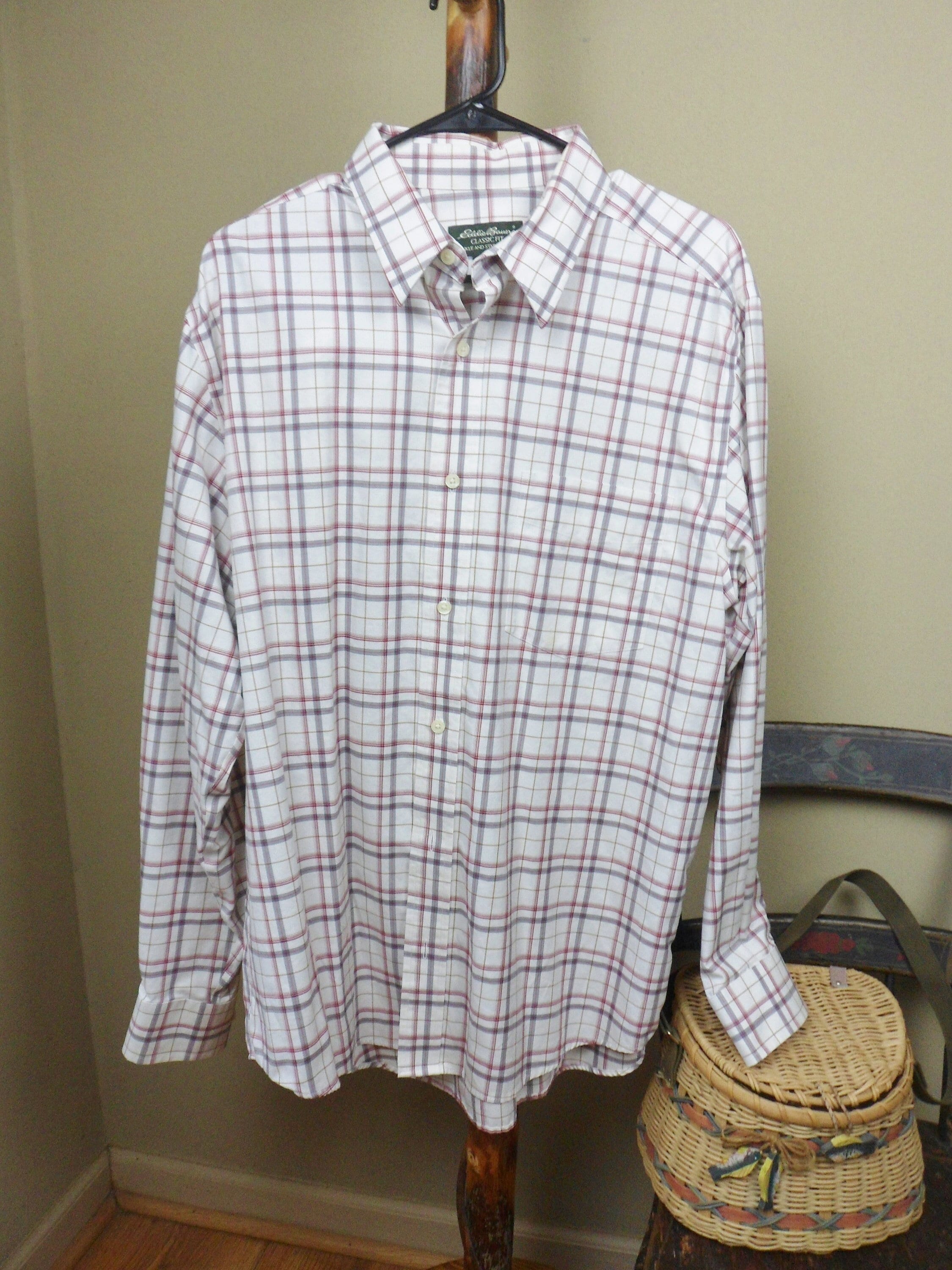 1990’s Eddie Bauer L/S shirt small check Eddie Bauer Button Down Shirt, Vintage White Red and Gray Plaid