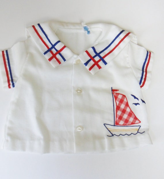 Nautical Babys Top, Vintage White Short Sleeve Bu… - image 2