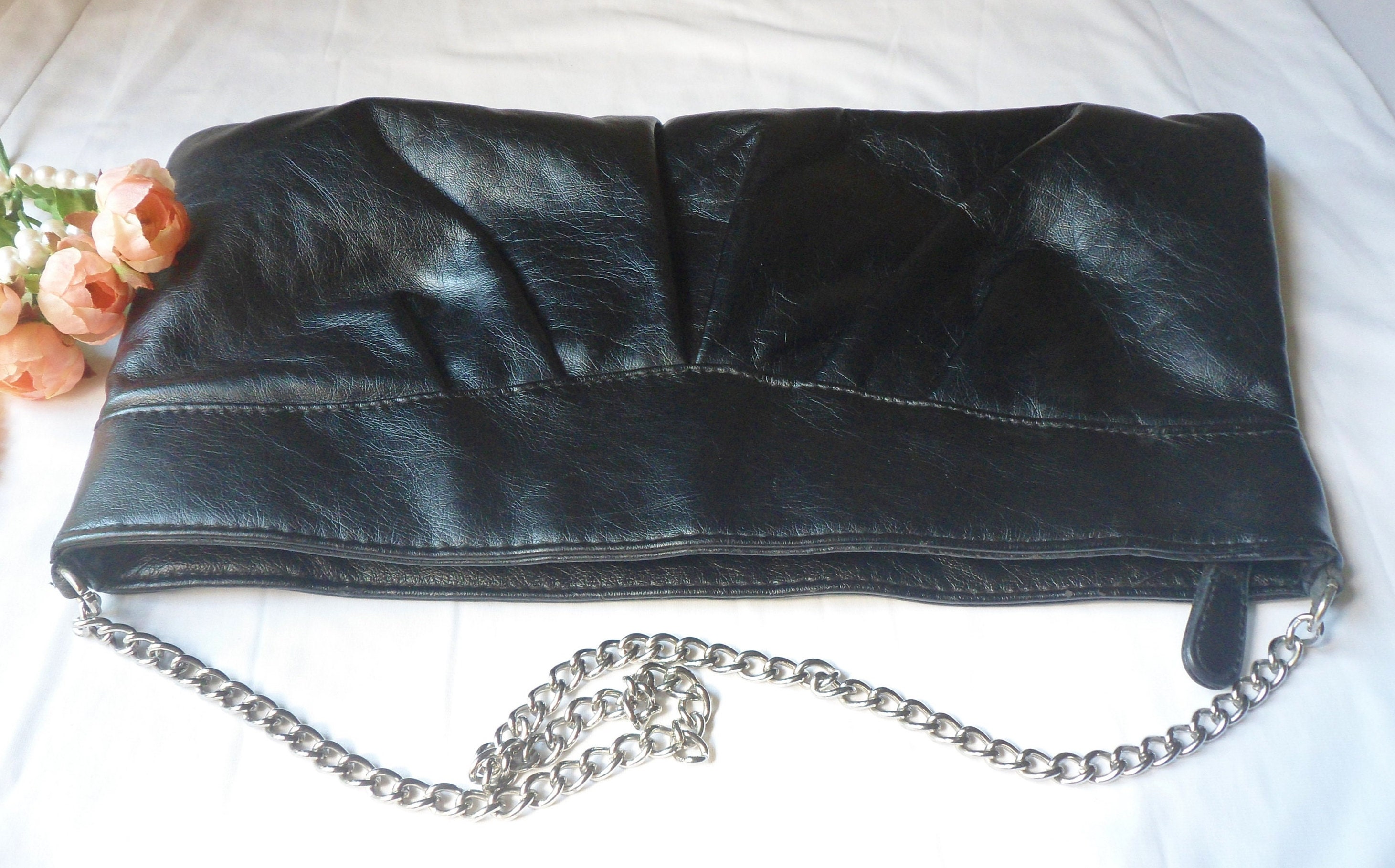 Black Rockabilly Style Purse With a Silver Chain, Cato Black