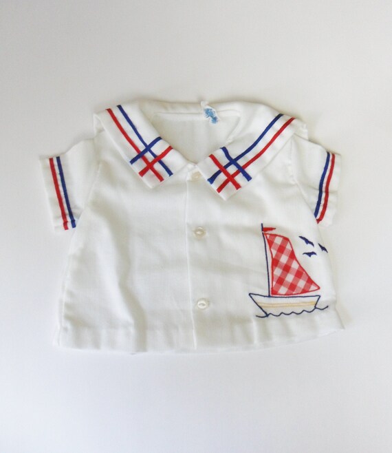 Nautical Babys Top, Vintage White Short Sleeve Bu… - image 1