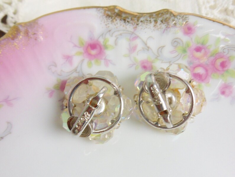 Keyes Aurora Borealis Clear Glass Cluster Bead Earrings, Vintage Keyes Clip-on Bead Earrings image 6