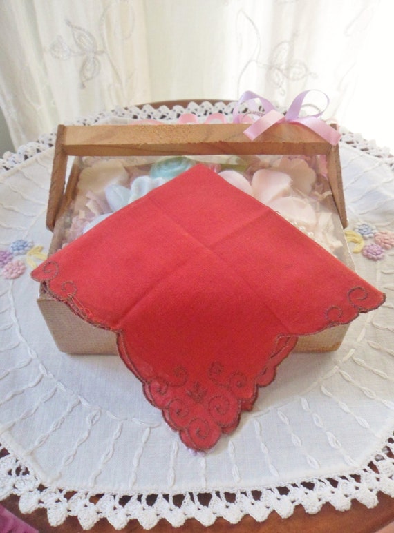 Small Red Childs Hanky, Hand Embroidered Vintage H