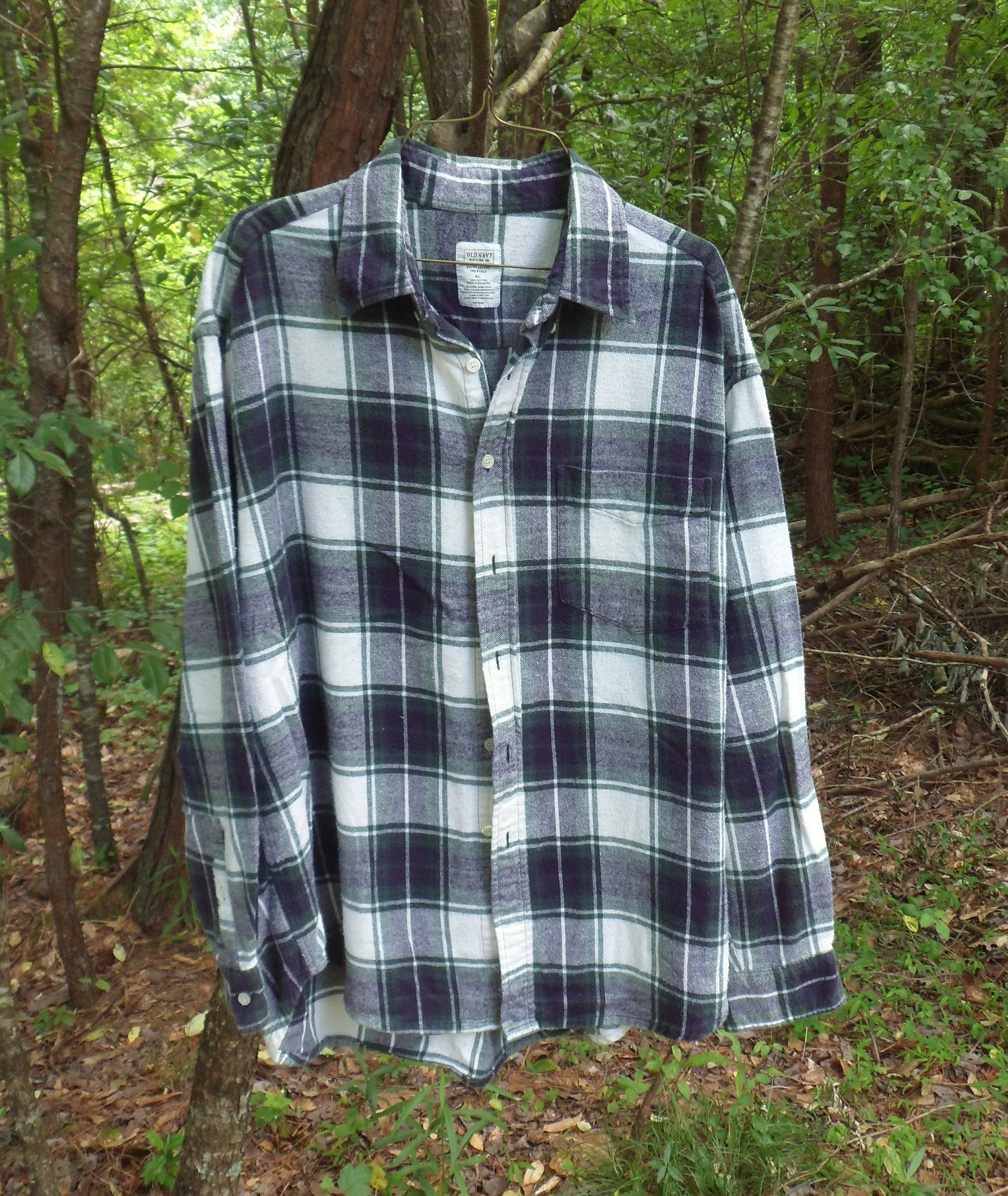 Old Navy Flannel Button Down Shirt, Mens Vintage Long Sleeve Green and Black Plaid Weden Flannel Shirt, Size XL