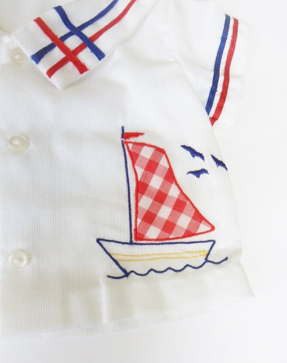 Nautical Babys Top, Vintage White Short Sleeve Bu… - image 3