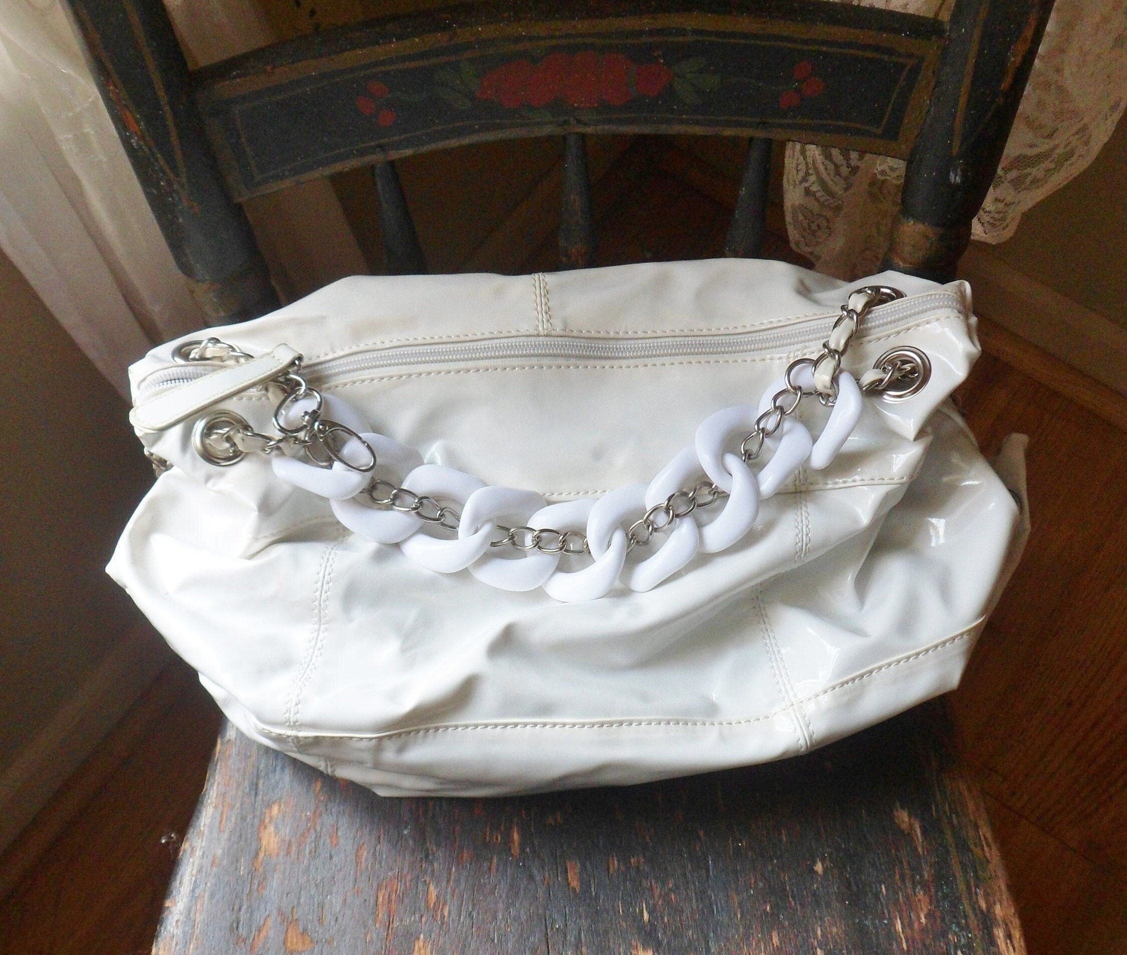 White Faux Leather Hobo Bag With Chains Large Vintage Spiegel 