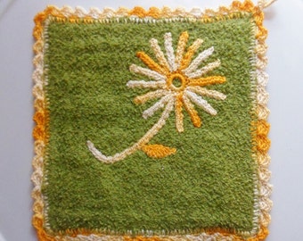 CLEARANCE Green Pot Holder with Orange Crocheted Trim and Flower, Vintage Pot Holder