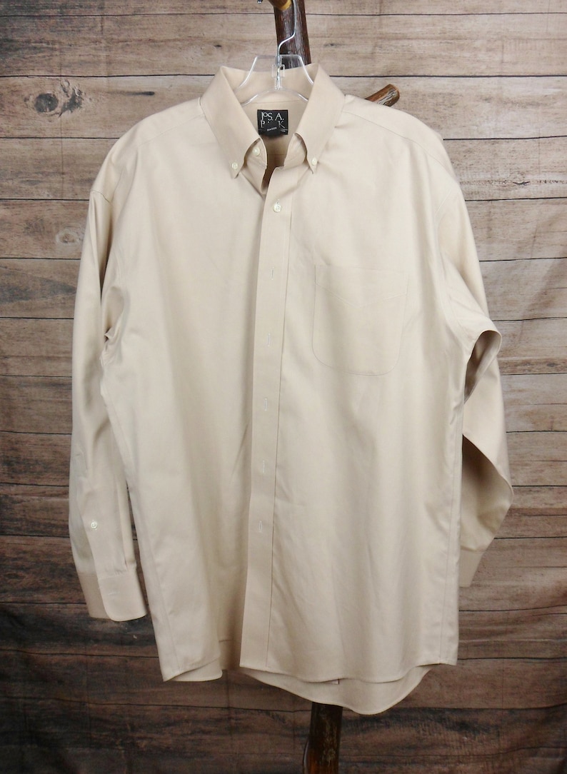 Jos A Bank Travelers Collection Tan Button Down Shirt, Mens Long Sleeve Vintage Cotton Shirt, Size 15 1/2-32 bild 1