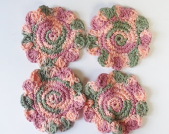 Hand Crocheted Mug Mats, Four Multi-Colored Round Crocheted Coasters