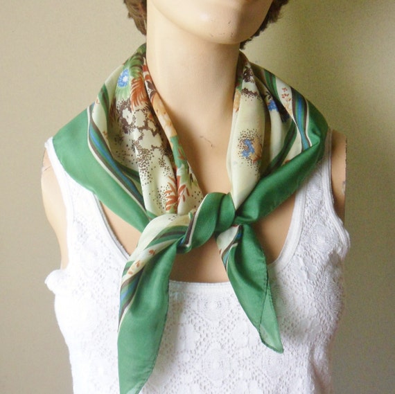 Floral Scarf from Italy, Vintage Green Earthy Pol… - image 2