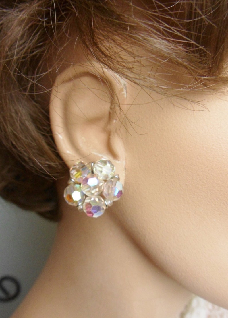 Keyes Aurora Borealis Clear Glass Cluster Bead Earrings, Vintage Keyes Clip-on Bead Earrings image 1