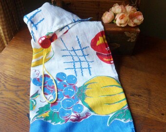 Small Flour or Sugar Sack with Button, Fruit Pattern Vintage Hanging Flour Bag, 40s, HAS A HOLE