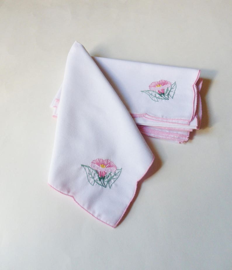 White Cotton Dinner Napkins with Embroidered Morning Glory Flowers Four Pink Morning Glory Napkins