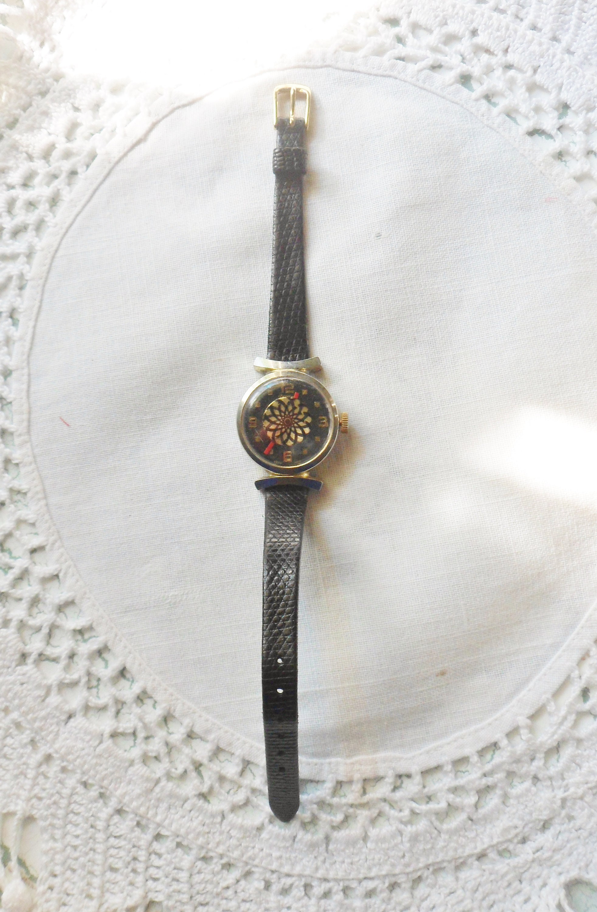 Lucerne Kaleidescope Wrist Watch Black Lizard Leather Band  