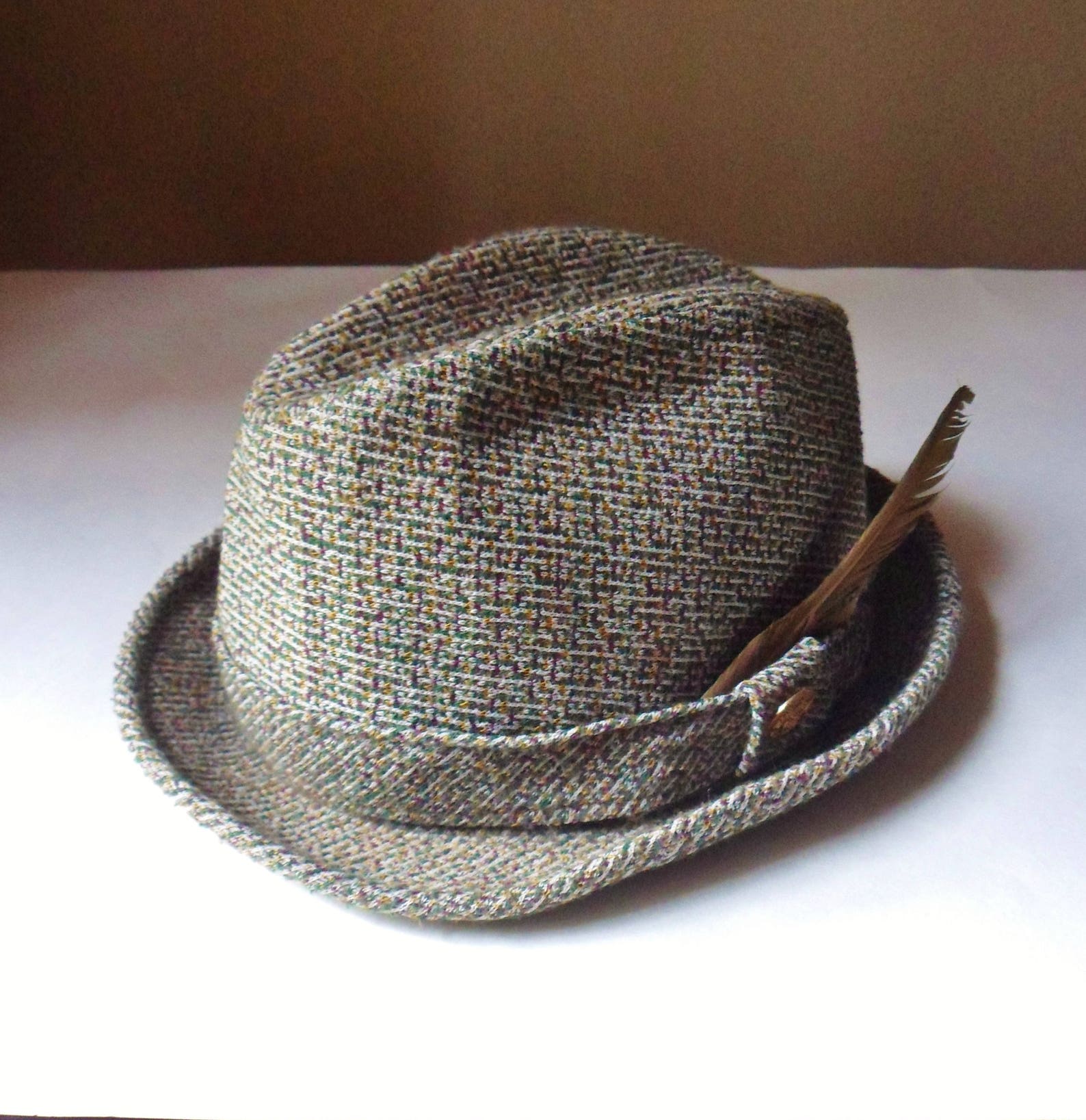 Mens Tweed Fedora Hat with Button and Feather 7 1/4 Pendleton | Etsy