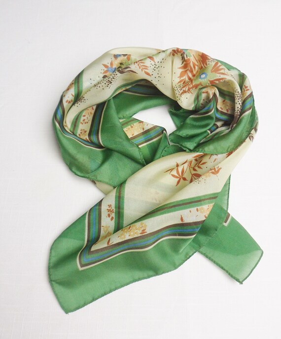 Floral Scarf from Italy, Vintage Green Earthy Pol… - image 5