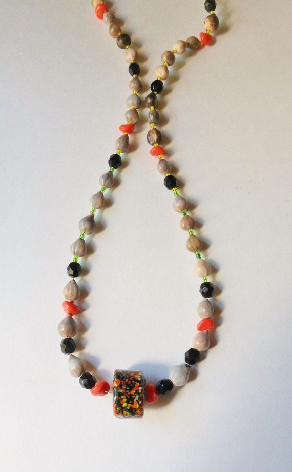 Cardamom Seed Bead Necklace with Millefiori Wheel… - image 1