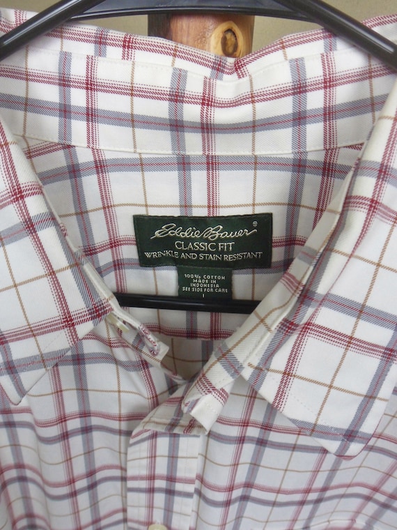 Eddie Bauer Button Down Shirt, Vintage White Red and Gray Plaid