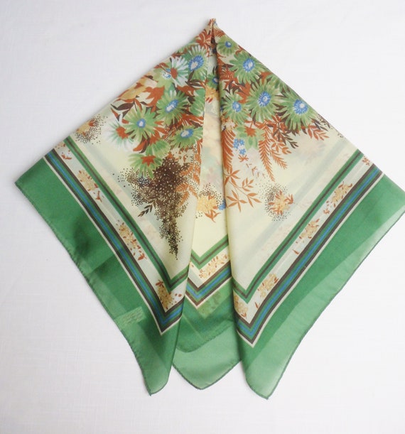 Floral Scarf from Italy, Vintage Green Earthy Pol… - image 6
