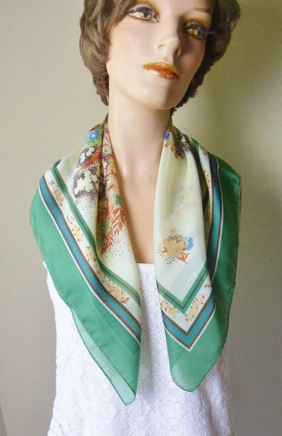 Floral Scarf from Italy, Vintage Green Earthy Pol… - image 4