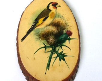 Goldfinch Slice of Wood Wall Plaque, Vintage Decoupage Souvenir KOA Ilwaco Washington, Wild Bird Wood Art, 1972