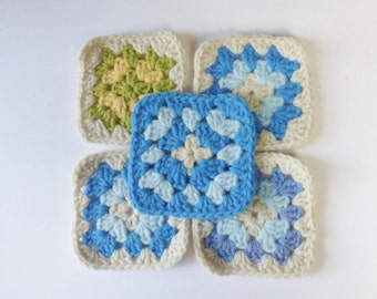 Hand Crocheted Mug Mats, Five Square Crocheted Coasters, Vintage Needlecraft