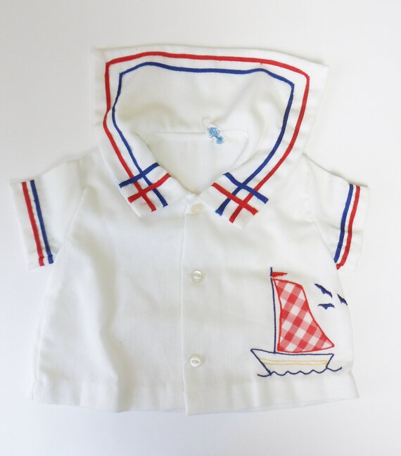 Nautical Babys Top, Vintage White Short Sleeve Bu… - image 5