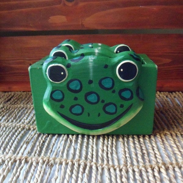 Frog Coaster Set , Green Frog Coasters and Wooden Holder