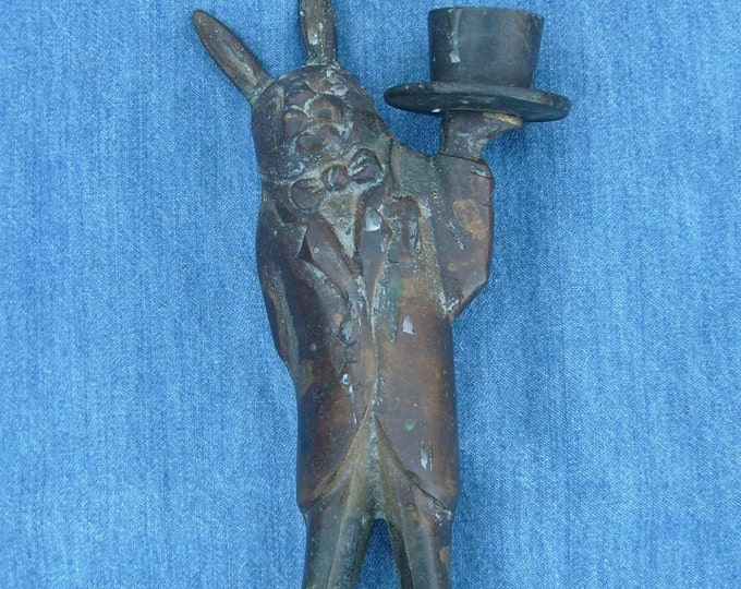 Solid Bronze Rabbit Coat and Top Hat Candle Holder, Bronze Bunny Waiter, Vintage Figural Rabbit