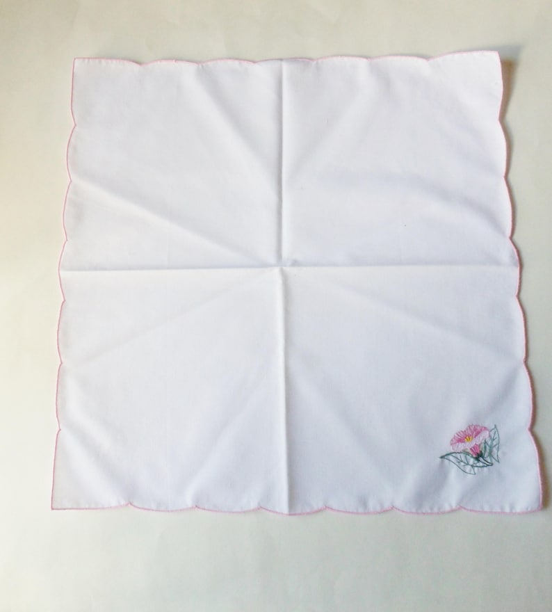 White Cotton Dinner Napkins with Embroidered Morning Glory Flowers Four Pink Morning Glory Napkins