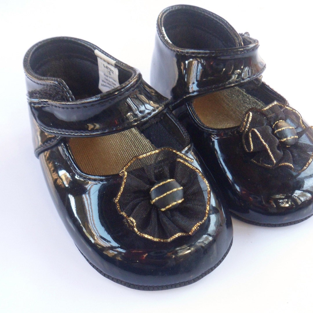 Black Patent Leather Baby Shoes With Gold Ribbon Bows, Size 3, Toddlers ...